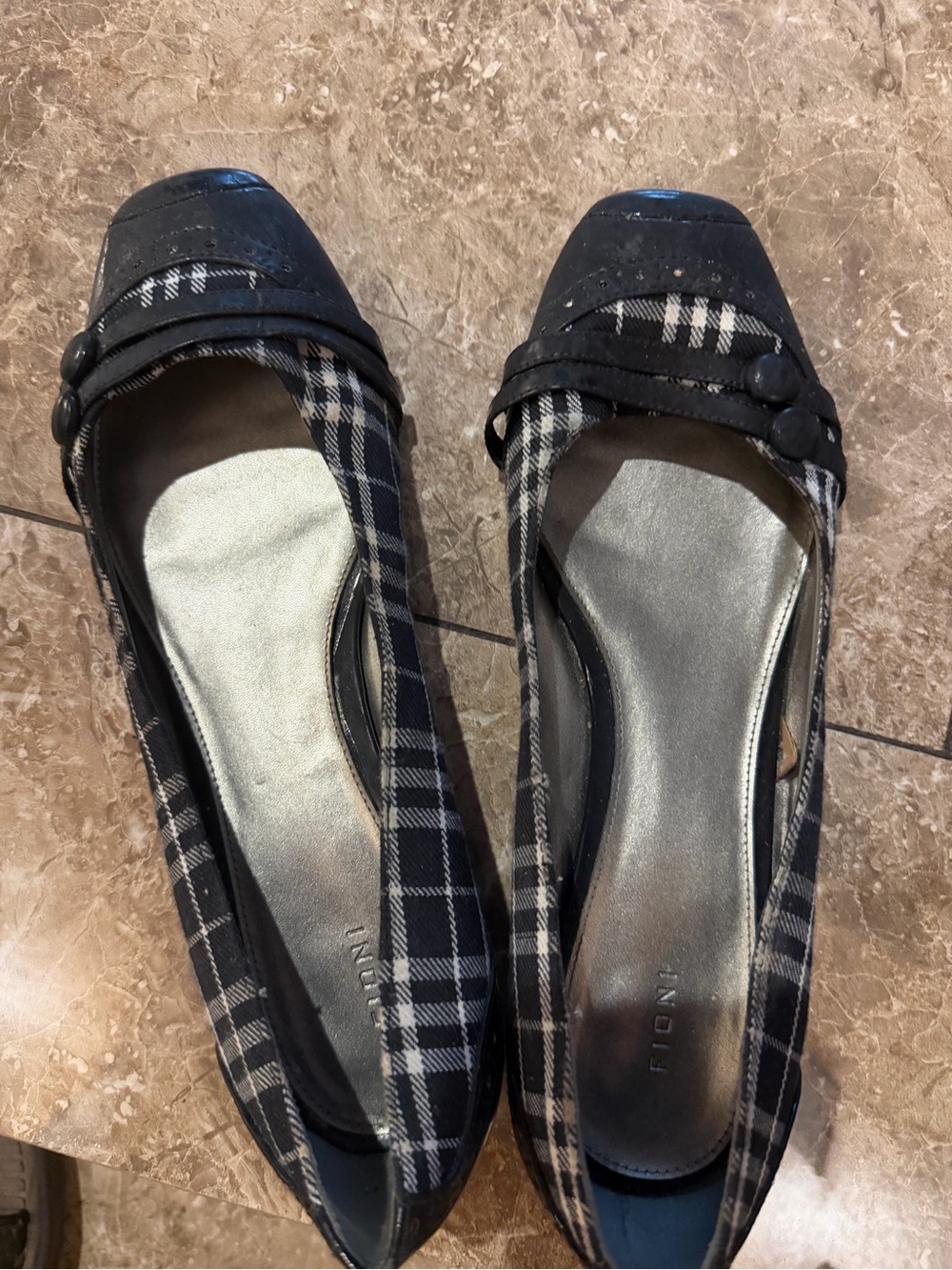 Plaid Black Women's Ballet Flats with Button Accent